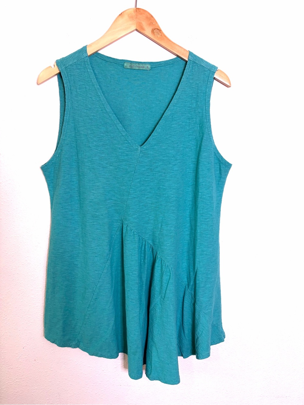 cut loose Linen Cotton knit Teal V-Neck Flared Tank tunic long M sleeveless